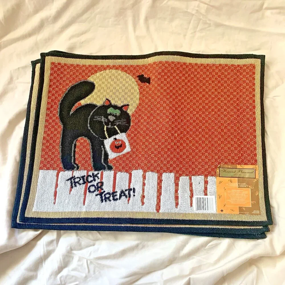 Halloween Woven Tapestry Placements with Black Cat & words: Trick or Treat (4)